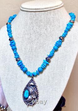Vintage Native American, Navajo Sterling Silver, Turquoise & Bench Bead Necklace