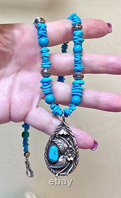 Vintage Native American, Navajo Sterling Silver, Turquoise & Bench Bead Necklace