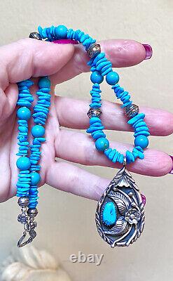 Vintage Native American, Navajo Sterling Silver, Turquoise & Bench Bead Necklace
