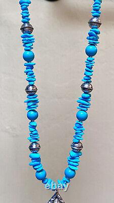 Vintage Native American, Navajo Sterling Silver, Turquoise & Bench Bead Necklace