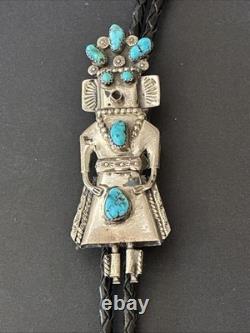 Vintage Native American Navajo Sterling Silver & Turquoise Kachina Bolo Tie
