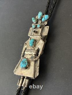 Vintage Native American Navajo Sterling Silver & Turquoise Kachina Bolo Tie