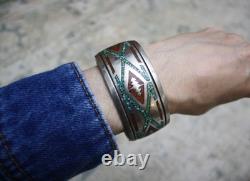 Vintage Native American Navajo Sterling Turquoise Coral Cuff Bracelet Size 7.25