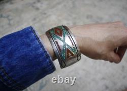 Vintage Native American Navajo Sterling Turquoise Coral Cuff Bracelet Size 7.25