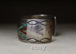 Vintage Native American Navajo Sterling Turquoise Coral Cuff Bracelet Size 7.25
