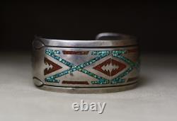 Vintage Native American Navajo Sterling Turquoise Coral Cuff Bracelet Size 7.25