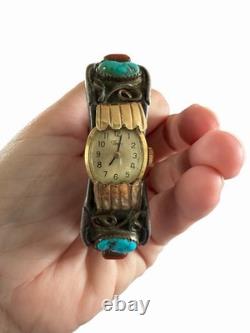 Vintage Native American Navajo TT Sterling Turquoise Coral Cuff Bracelet Watch