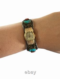 Vintage Native American Navajo TT Sterling Turquoise Coral Cuff Bracelet Watch