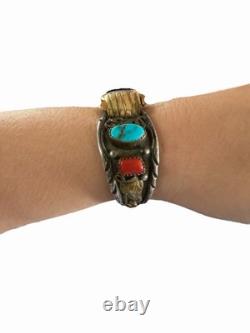 Vintage Native American Navajo TT Sterling Turquoise Coral Cuff Bracelet Watch