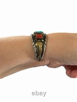 Vintage Native American Navajo TT Sterling Turquoise Coral Cuff Bracelet Watch