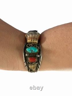 Vintage Native American Navajo TT Sterling Turquoise Coral Cuff Bracelet Watch