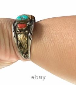 Vintage Native American Navajo TT Sterling Turquoise Coral Cuff Bracelet Watch