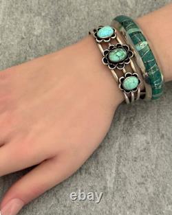 Vintage Native American Navajo Three Turquoise flower SMALL Sterling Bracelet