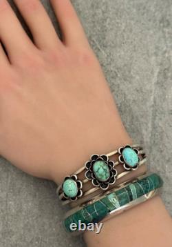 Vintage Native American Navajo Three Turquoise flower SMALL Sterling Bracelet