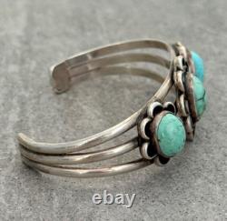 Vintage Native American Navajo Three Turquoise flower SMALL Sterling Bracelet