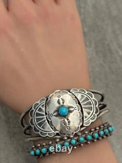 Vintage Native American Navajo Turquoise CONCHO TWISTED Sterling Bracelet 6.6 in