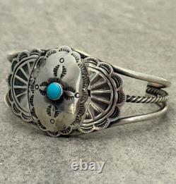 Vintage Native American Navajo Turquoise CONCHO TWISTED Sterling Bracelet 6.6 in