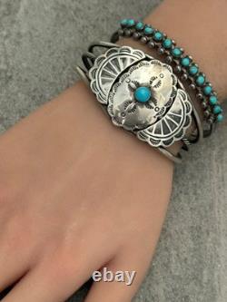 Vintage Native American Navajo Turquoise CONCHO TWISTED Sterling Bracelet 6.6 in