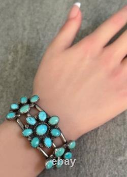 Vintage Native American Navajo Turquoise Cluster Sterling Bracelet Signed 6.5 in