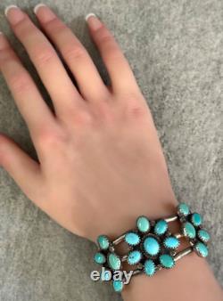 Vintage Native American Navajo Turquoise Cluster Sterling Bracelet Signed 6.5 in