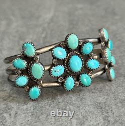 Vintage Native American Navajo Turquoise Cluster Sterling Bracelet Signed 6.5 in