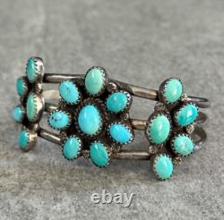 Vintage Native American Navajo Turquoise Cluster Sterling Bracelet Signed 6.5 in