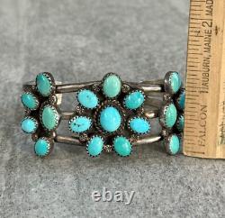 Vintage Native American Navajo Turquoise Cluster Sterling Bracelet Signed 6.5 in