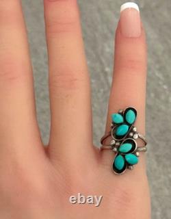 Vintage Native American Navajo Turquoise Cluster Sterling Silver Ring Size 5