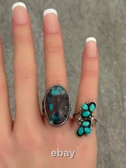 Vintage Native American Navajo Turquoise Cluster Sterling Silver Ring Size 5