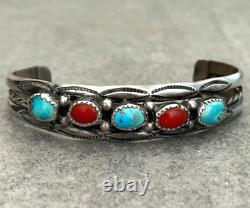 Vintage Native American Navajo Turquoise Coral HAND STAMPED Sterling Bracelet