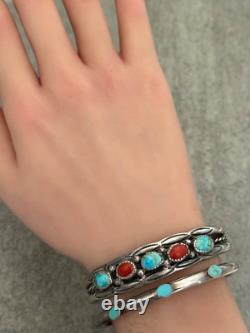 Vintage Native American Navajo Turquoise Coral HAND STAMPED Sterling Bracelet