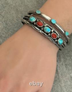 Vintage Native American Navajo Turquoise Coral HAND STAMPED Sterling Bracelet