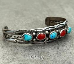Vintage Native American Navajo Turquoise Coral HAND STAMPED Sterling Bracelet