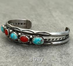 Vintage Native American Navajo Turquoise Coral HAND STAMPED Sterling Bracelet