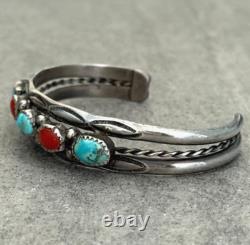 Vintage Native American Navajo Turquoise Coral HAND STAMPED Sterling Bracelet