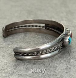 Vintage Native American Navajo Turquoise Coral HAND STAMPED Sterling Bracelet