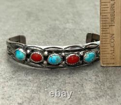 Vintage Native American Navajo Turquoise Coral HAND STAMPED Sterling Bracelet