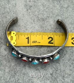Vintage Native American Navajo Turquoise Coral HAND STAMPED Sterling Bracelet