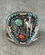 Vintage Native American Navajo Turquoise Coral HORSE INLAY Sterling Bracelet 70g