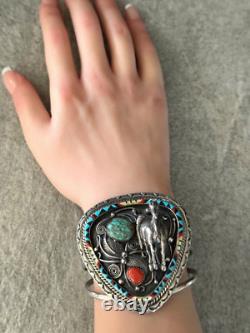 Vintage Native American Navajo Turquoise Coral HORSE INLAY Sterling Bracelet 70g