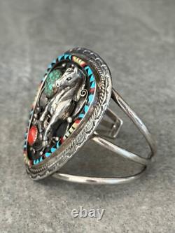Vintage Native American Navajo Turquoise Coral HORSE INLAY Sterling Bracelet 70g