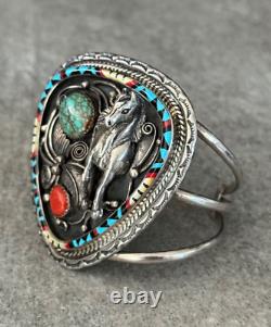 Vintage Native American Navajo Turquoise Coral HORSE INLAY Sterling Bracelet 70g