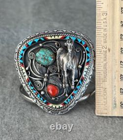 Vintage Native American Navajo Turquoise Coral HORSE INLAY Sterling Bracelet 70g