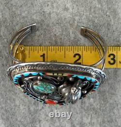 Vintage Native American Navajo Turquoise Coral HORSE INLAY Sterling Bracelet 70g