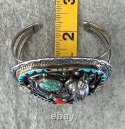 Vintage Native American Navajo Turquoise Coral HORSE INLAY Sterling Bracelet 70g