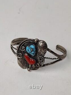 Vintage Native American Navajo Turquoise Coral Silver Cuff Bracelet