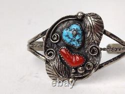 Vintage Native American Navajo Turquoise Coral Silver Cuff Bracelet