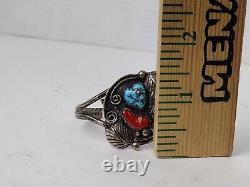 Vintage Native American Navajo Turquoise Coral Silver Cuff Bracelet