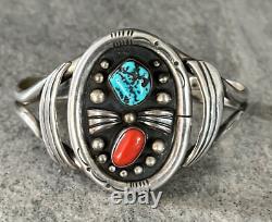 Vintage Native American Navajo Turquoise Coral Sterling Silver bracelet SIGNED