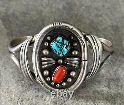 Vintage Native American Navajo Turquoise Coral Sterling Silver bracelet SIGNED
